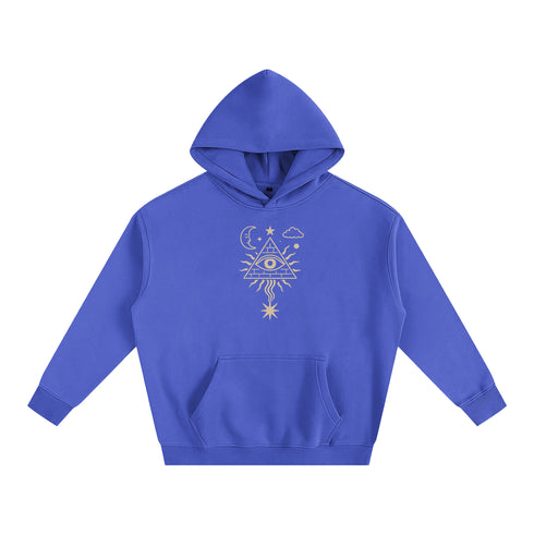 Blue hoodie with a white symbol on a white background